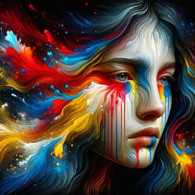 The primary subject of the image is a woman with a tear on her face. She is surrounded by a vibrant and colorful background, which includes a mix of blue, yellow, and red hues. The visual style of the image is a combination of digital art and illustration, creating a unique and artistic representation of the woman. The overall atmosphere of the image is one of emotion and beauty, with the woman's tear adding a sense of vulnerability and depth to the scene.